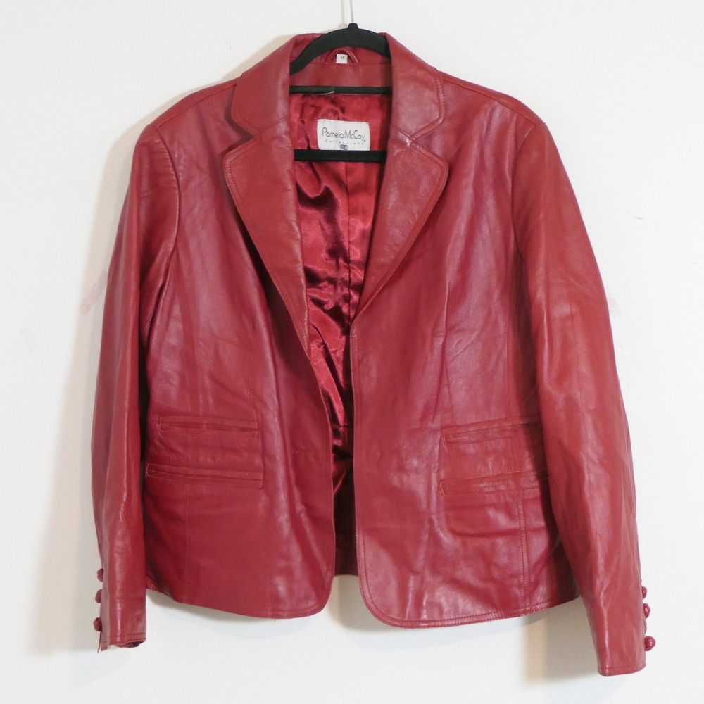 Pamela McCoy Women Leather Blazer M Red Bold Mob Wife Biker Statement Retro Edgy